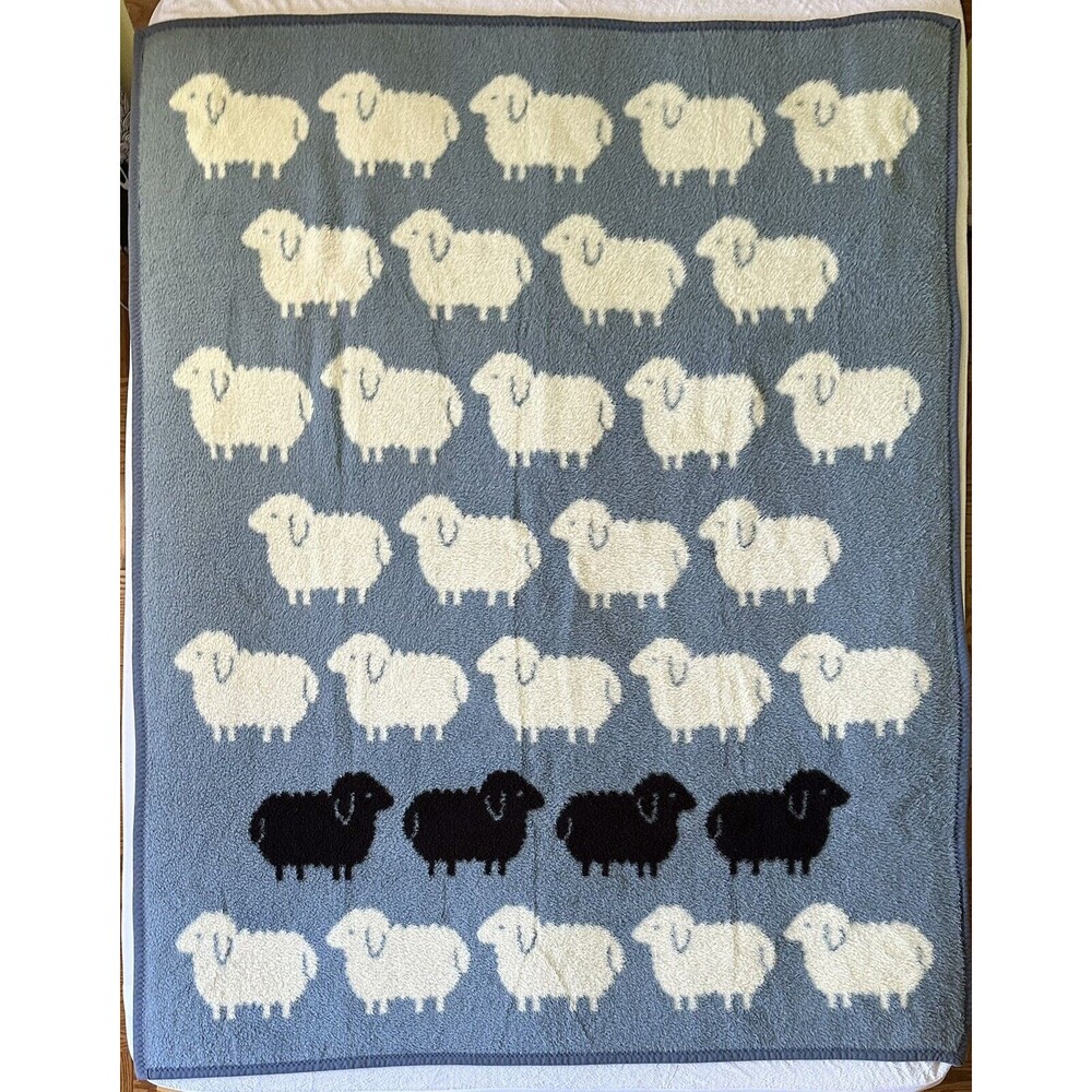 Vintage Vuteks Crown Crafts Reversible Sheep Blanket Acrylic - Black Cream Blue